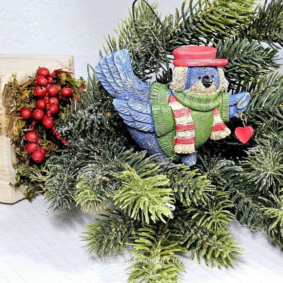 Vtg Resin Bluebird Blue Bird Blue Jay Holding Heart Christmas Tree Ornament 3" - Picture 5 of 8